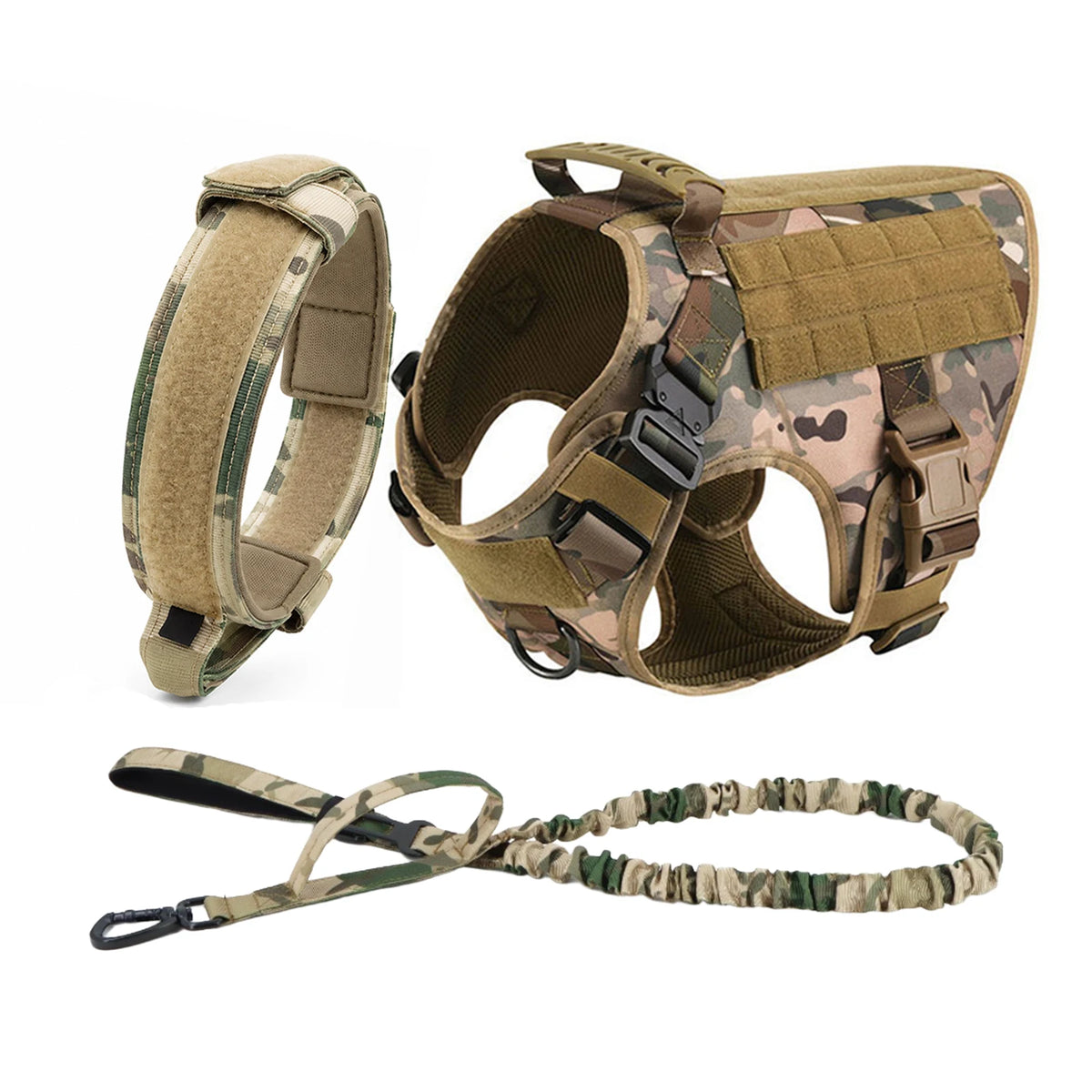 Camouflage tactical dog harness collar and bungee leash set