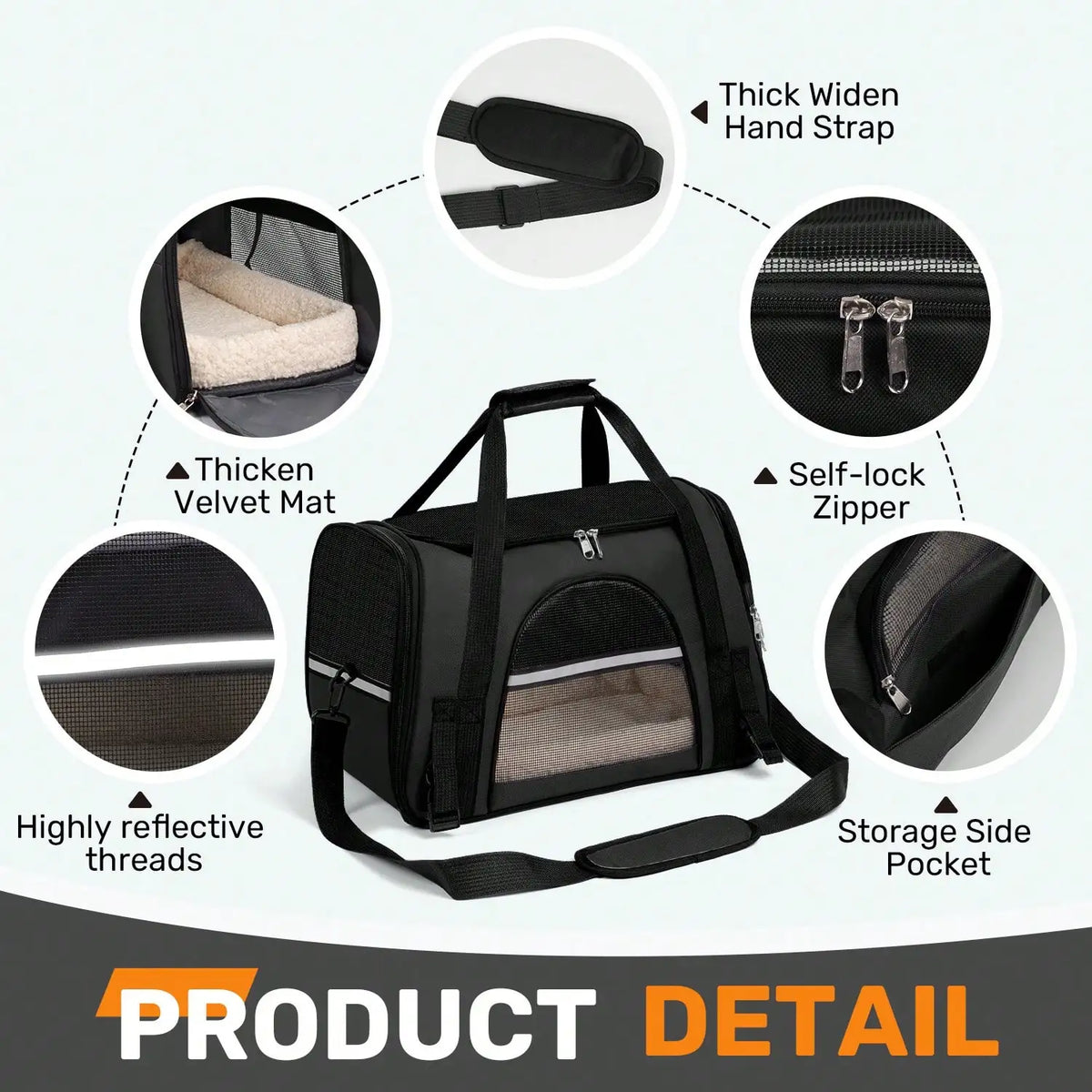 Black pet carrier with features including velvet mat, self-lock zipper, reflective threads, and storage side pocket