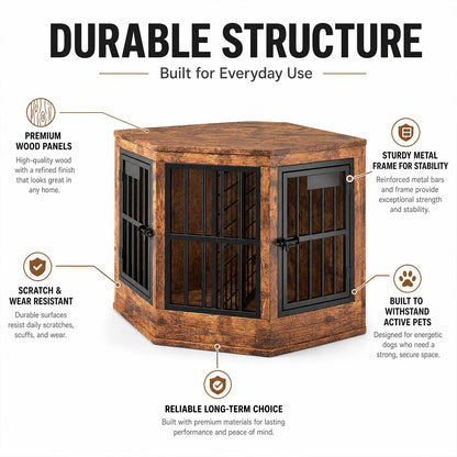 Modern Corner Dog Crate Furniture & TV Stand – Indoor Wooden Dog Kennel for Medium & Large Dogs, Brown