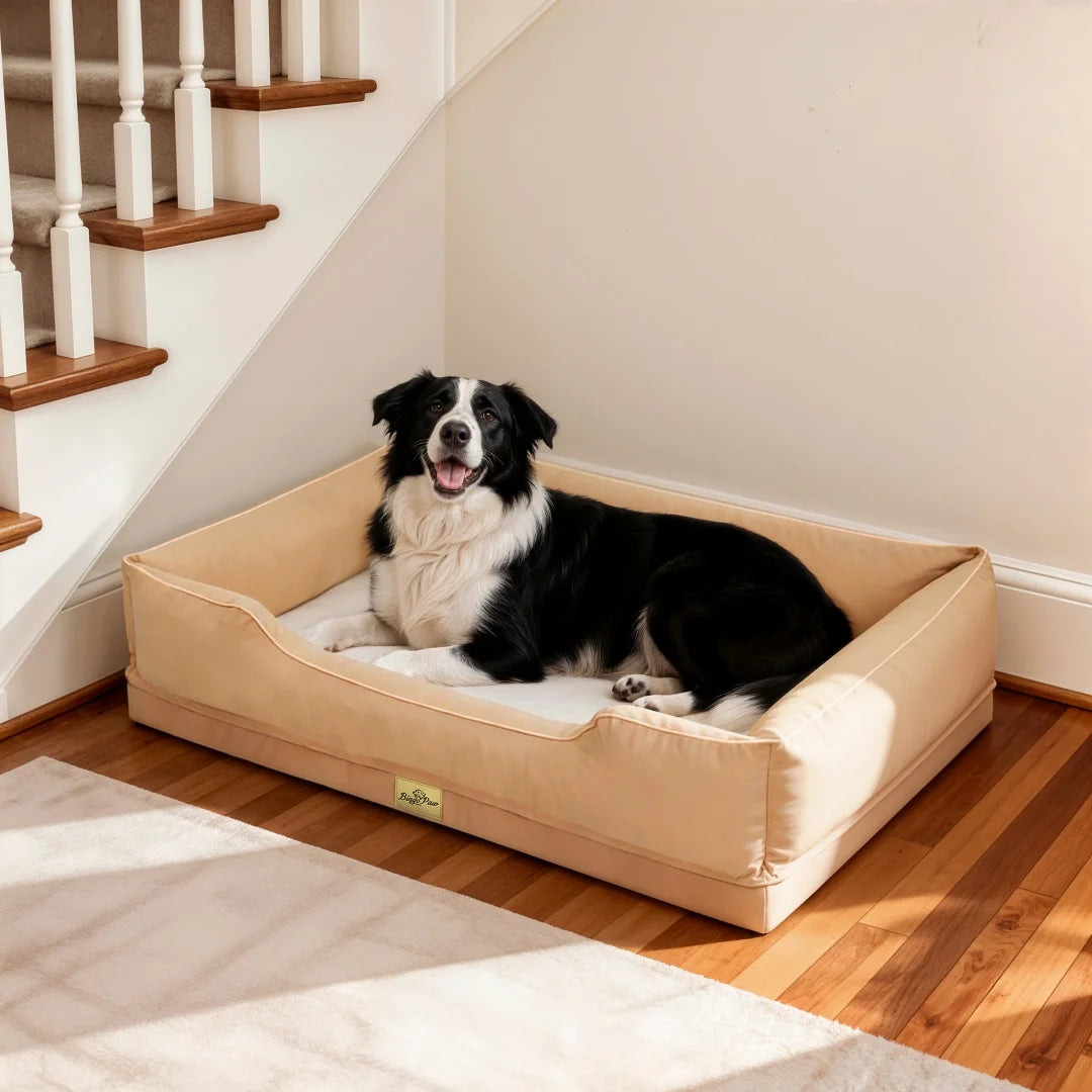 Border Collie lying on a rectangular bolster dog sofa bed with a removable washable cover