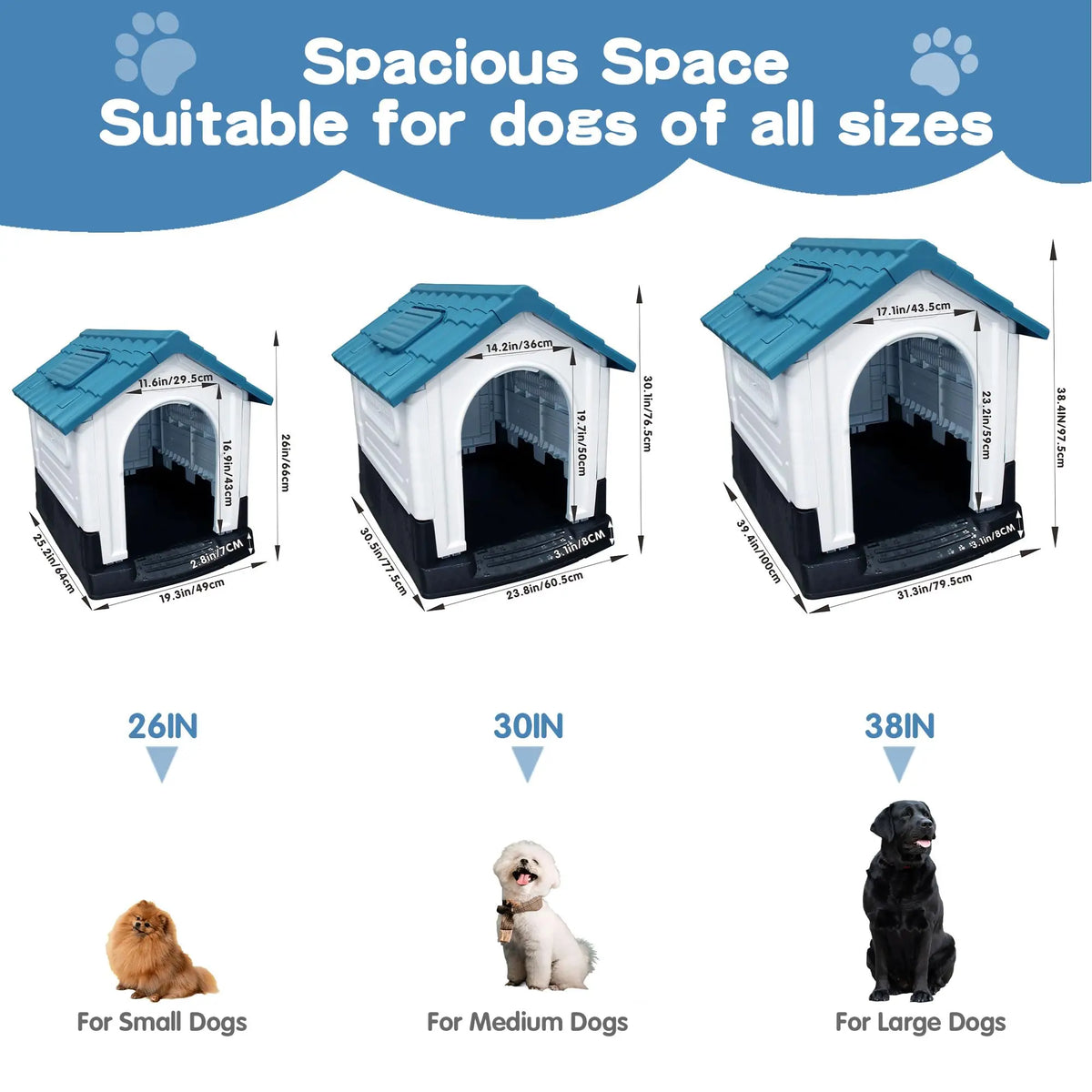 Size chart for dog houses showing dimensions for small medium and large dog breeds