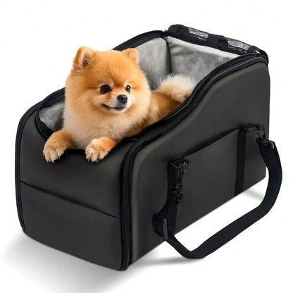 Small tan Pomeranian dog sitting inside a black pet carrier bag