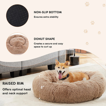 Calming Round Plush Dog Bed for Medium to Large Dogs with Anti-Slip Bottom & Washable Faux Fur Cover