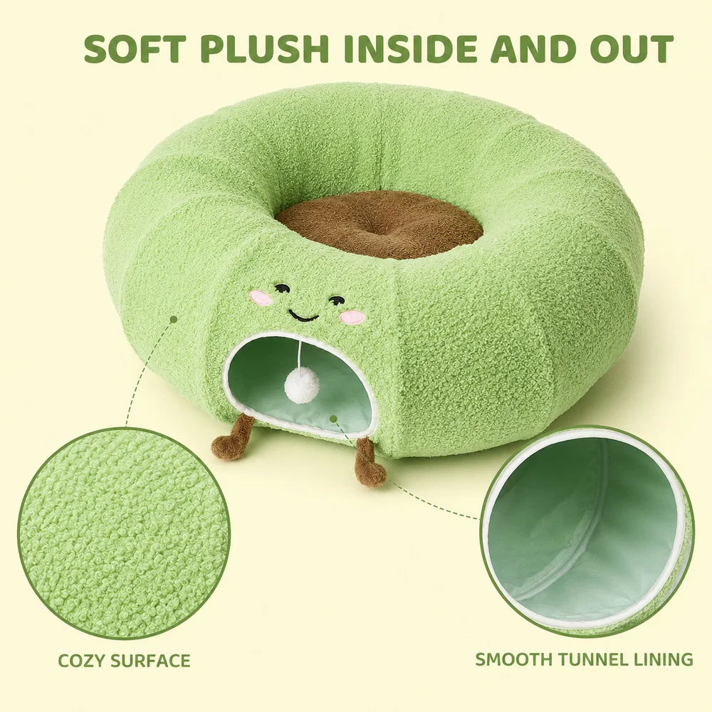 Convertible Plush Cat Tunnel & Donut Bed with Removable Cushion, Zipper Connection & Hanging Toy Ball for Indoor Cats