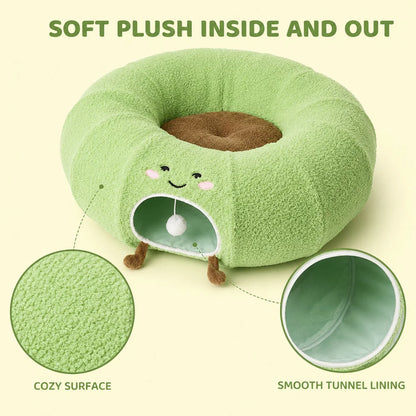 Convertible Plush Cat Tunnel & Donut Bed with Removable Cushion, Zipper Connection & Hanging Toy Ball for Indoor Cats