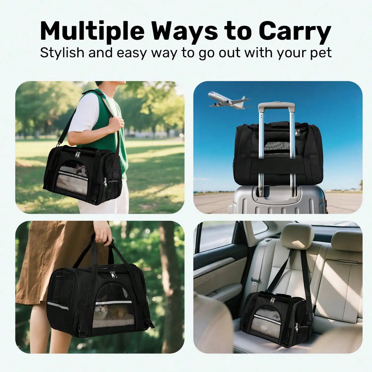 Four views of a black pet carrier showing shoulder strap, luggage attachment, hand carry, and car seat installation