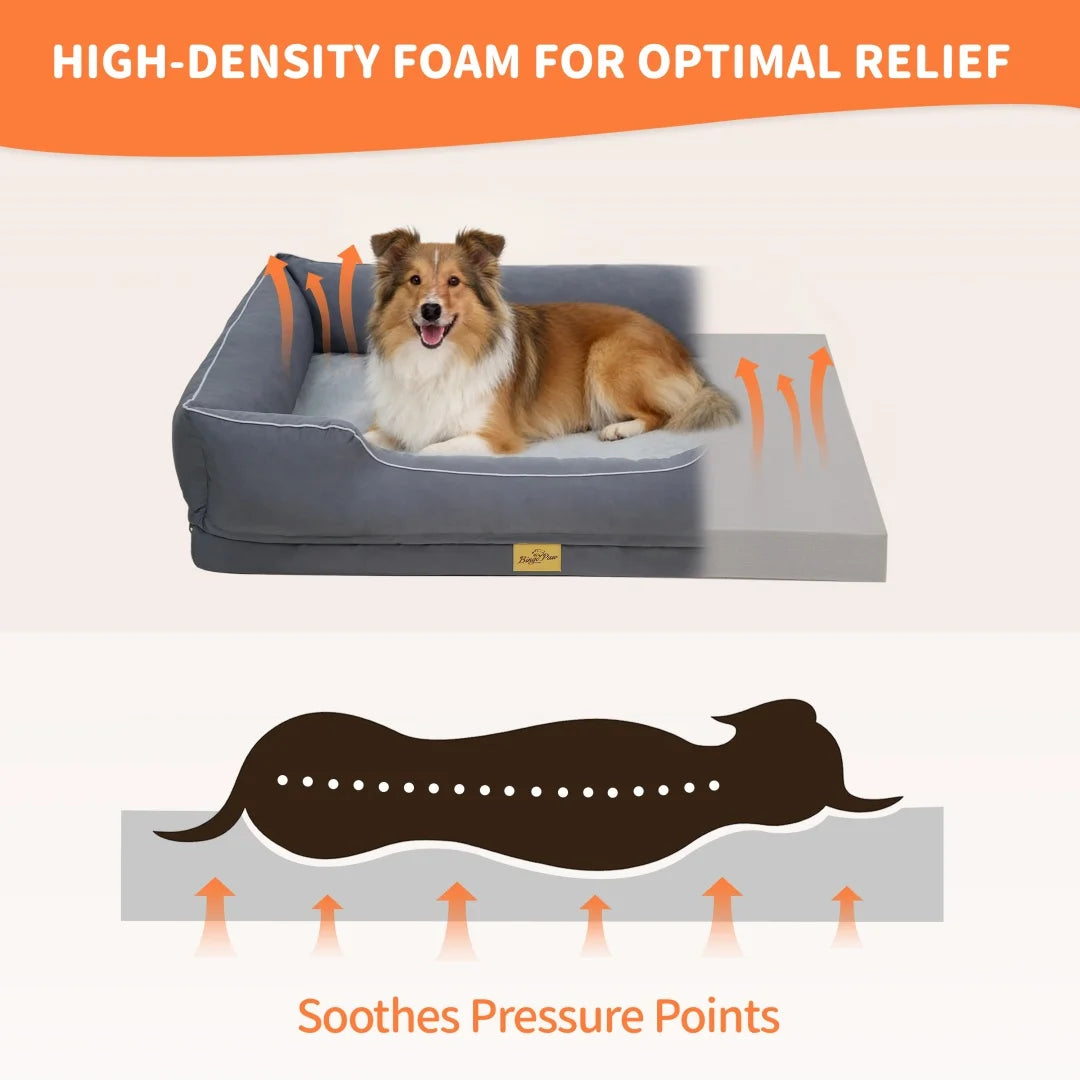 Dog lying on high density foam orthopedic bed showing pressure point relief