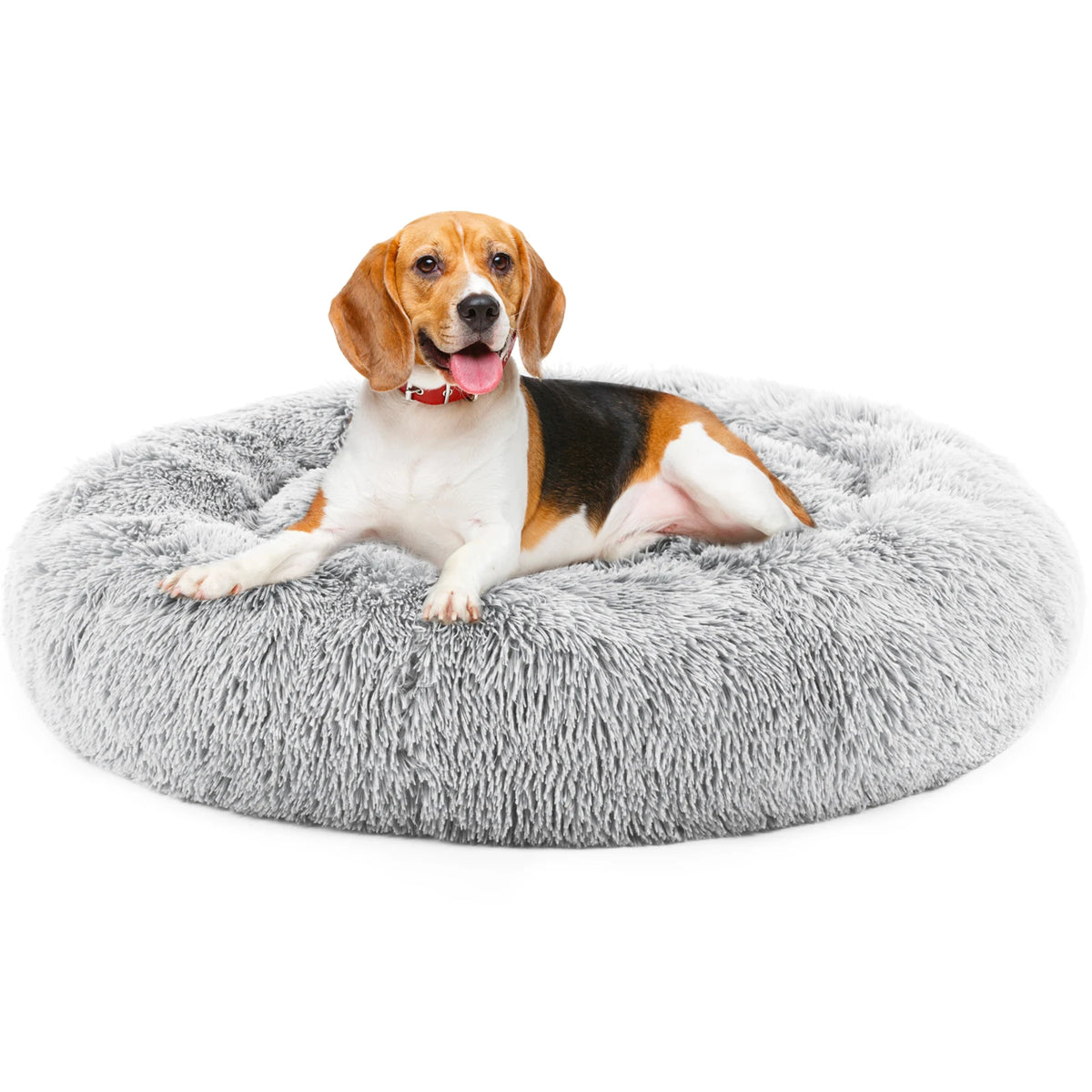 Calming Round Plush Dog Bed for Medium to Large Dogs with Anti-Slip Bottom & Washable Faux Fur Cover