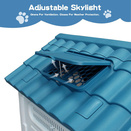 Foldable waterproof dog house showing the adjustable roof skylight for ventilation