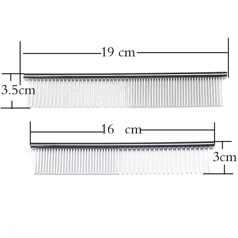 Two metal grooming combs with dimensions labeled 19cm by 3.5cm and 16cm by 3cm