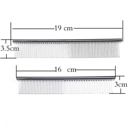 Two metal grooming combs with dimensions labeled 19cm by 3.5cm and 16cm by 3cm