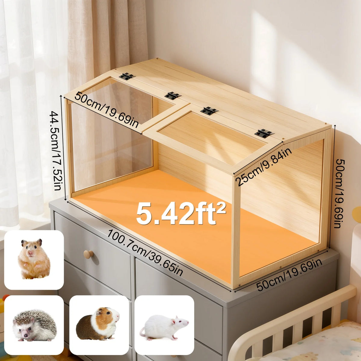 Wooden Hamster & Small Pet Habitat with Tempered Glass Panels & Built-In LED Light – 60/80/100 cm Sizes