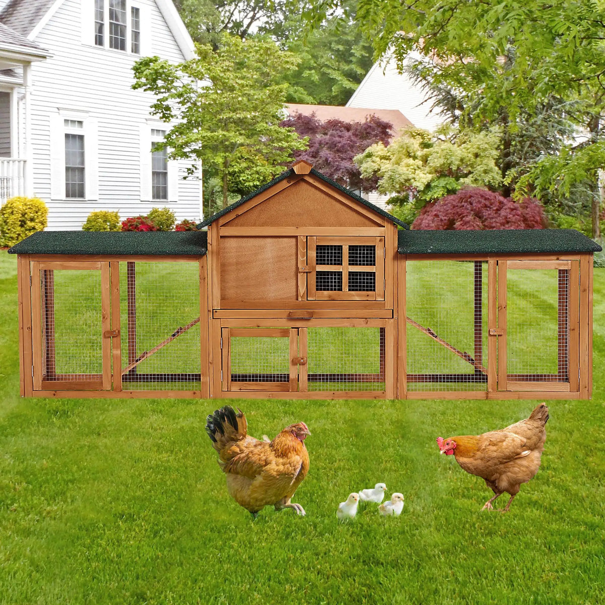 2-Story Outdoor Rabbit Hutch with Double Exercise Runs, Ramp, Pull-Out Cleaning Tray & Roof for Bunnies and Small Pets