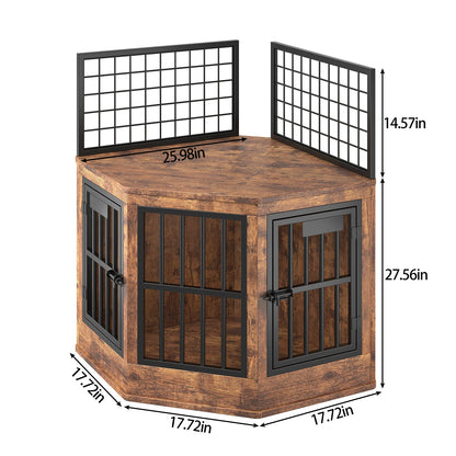 Modern Corner Dog Crate Furniture & TV Stand – Indoor Wooden Dog Kennel for Medium & Large Dogs, Brown