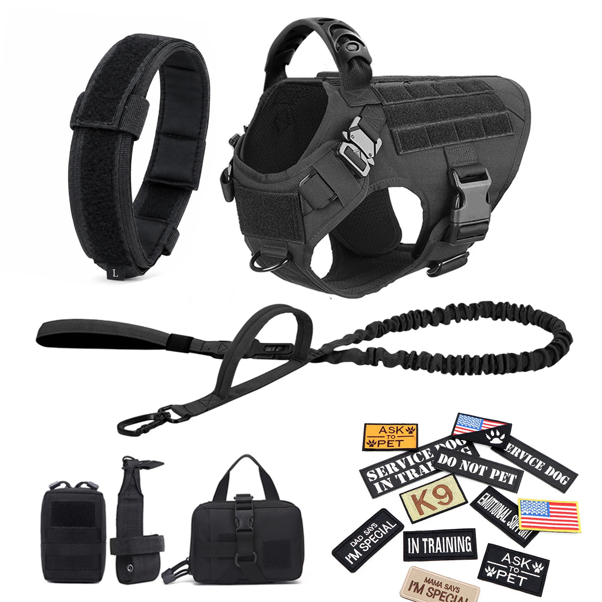 Tactical Dog Harness, Collar & Leash Set with Pouches and Patches