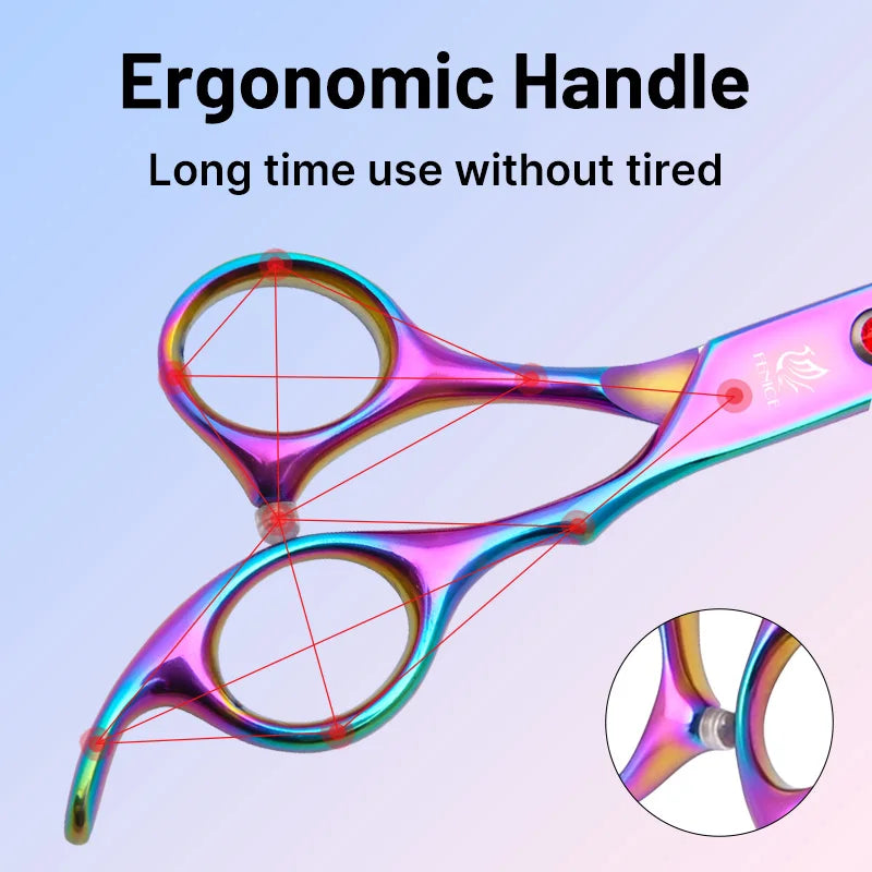 Iridescent grooming scissors showing ergonomic handle design with red measurement lines