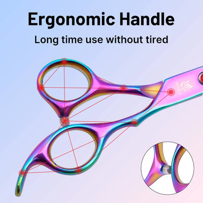 Iridescent grooming scissors showing ergonomic handle design with red measurement lines
