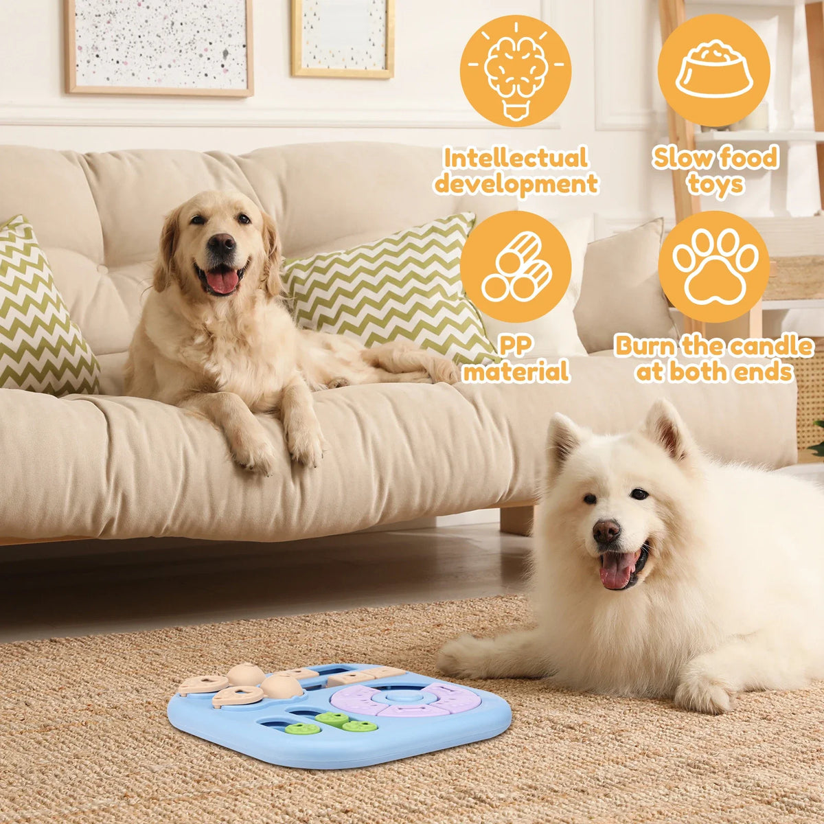 Two dogs with an Interactive Rotating Dog Puzzle and Treat Dispenser on a rug