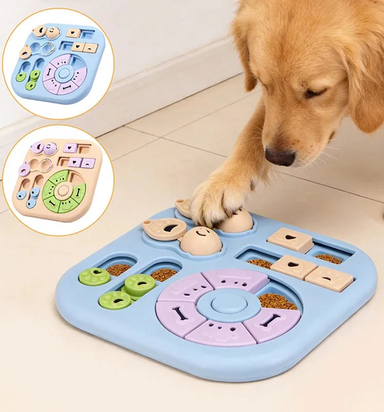 Golden retriever using a blue interactive dog puzzle feeder with treat compartments