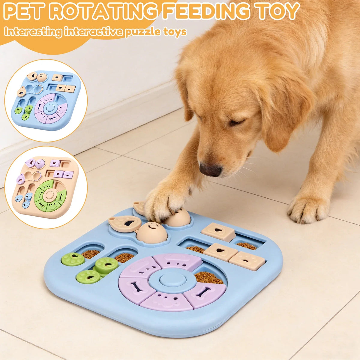 Golden retriever using an interactive rotating dog puzzle and treat dispenser