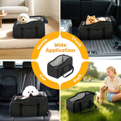Black pet carrier shown in home car truck and park settings