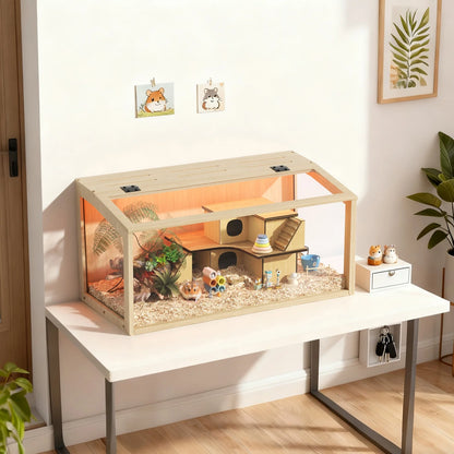 Wooden Hamster & Small Pet Habitat with Tempered Glass Panels & Built-In LED Light – 60/80/100 cm Sizes