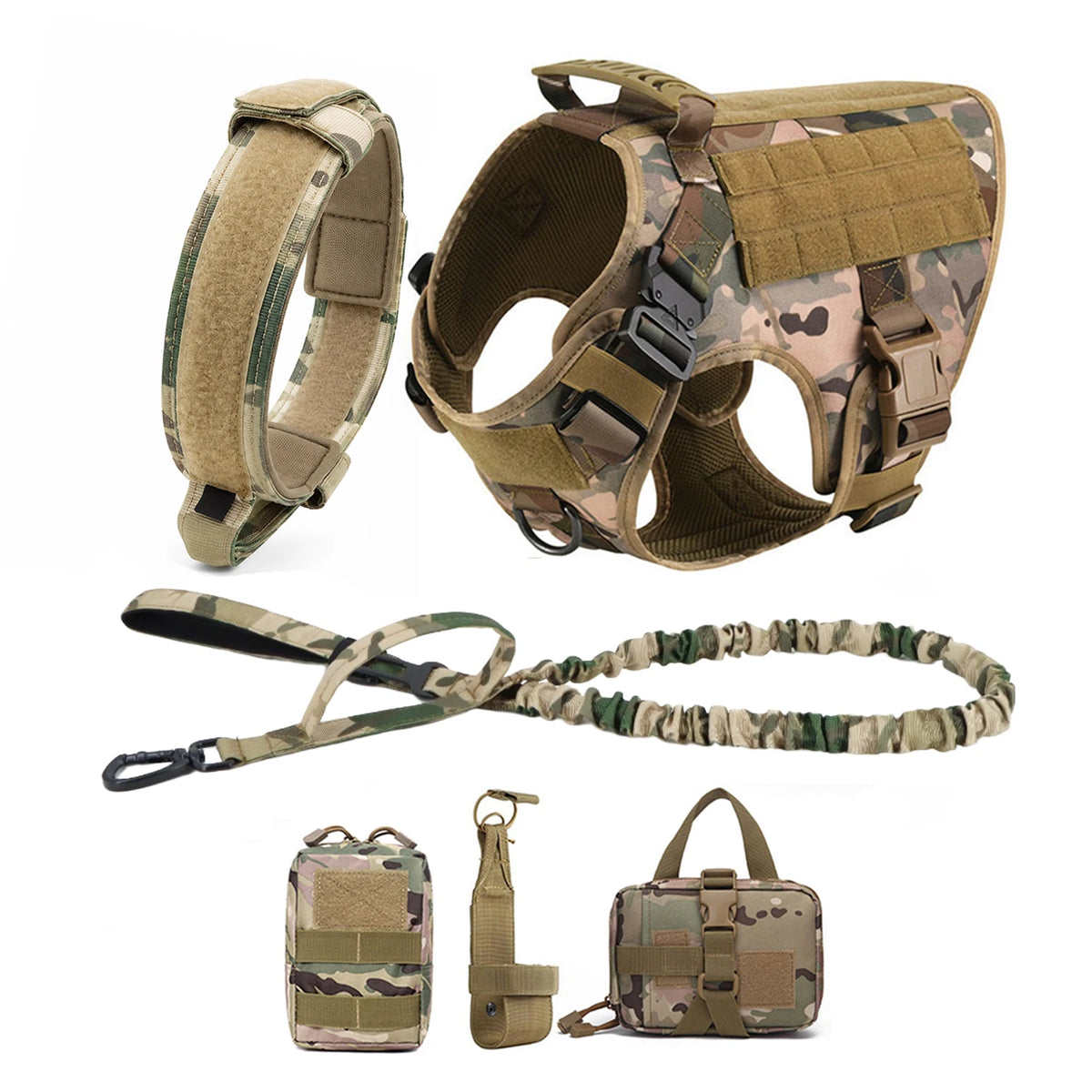 Tactical dog harness set with collar leash and modular pouches in camouflage print