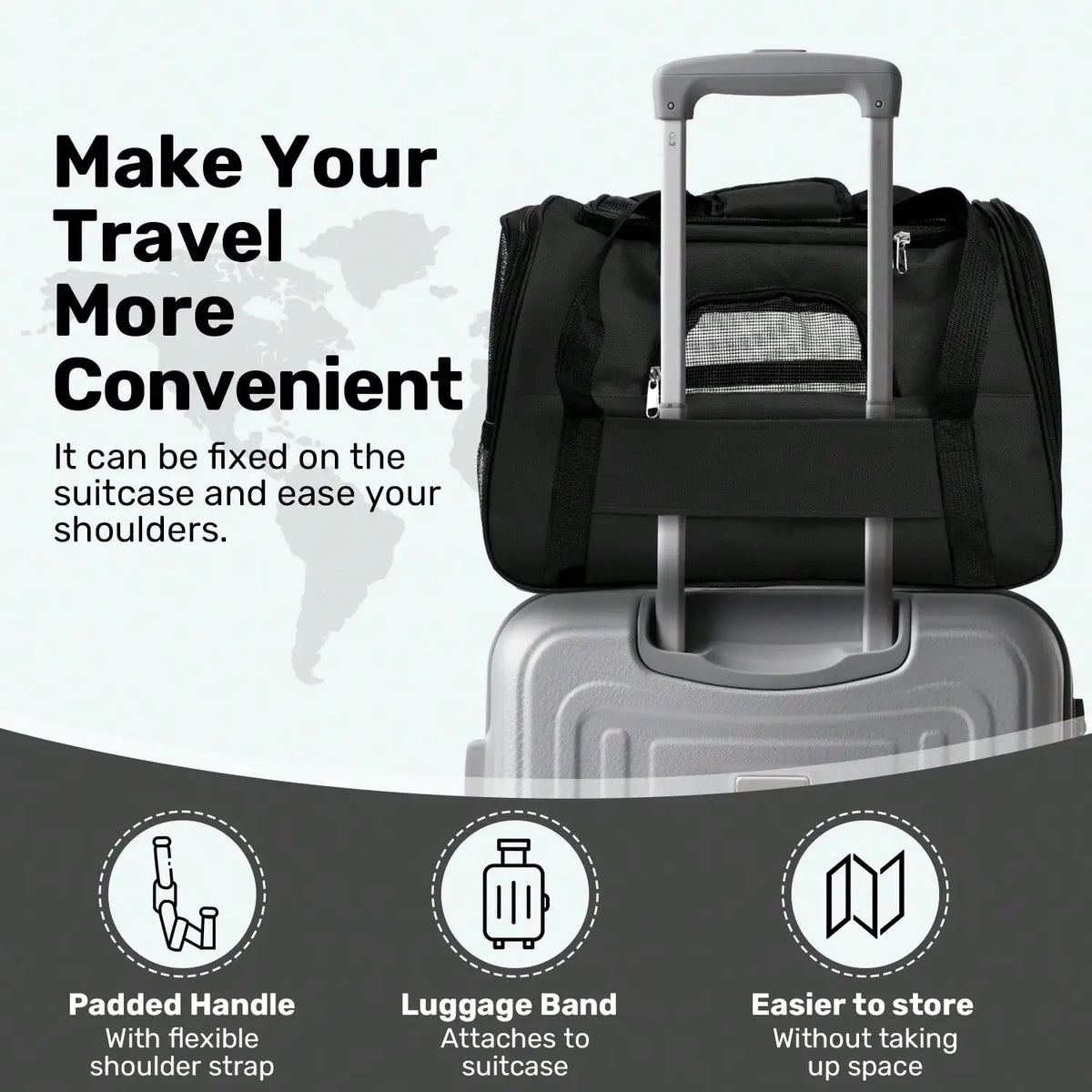 Black pet carrier bag attached to a silver suitcase handle with icons showing padded handle and storage features