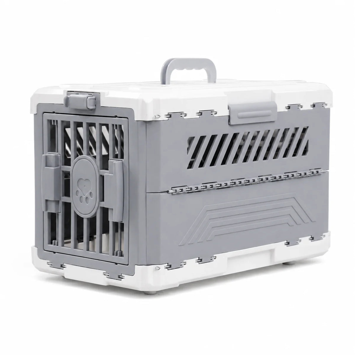Grey and white foldable plastic pet carrier with a top handle and front door