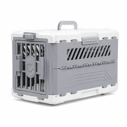 Grey and white foldable plastic pet carrier with a top handle and front door