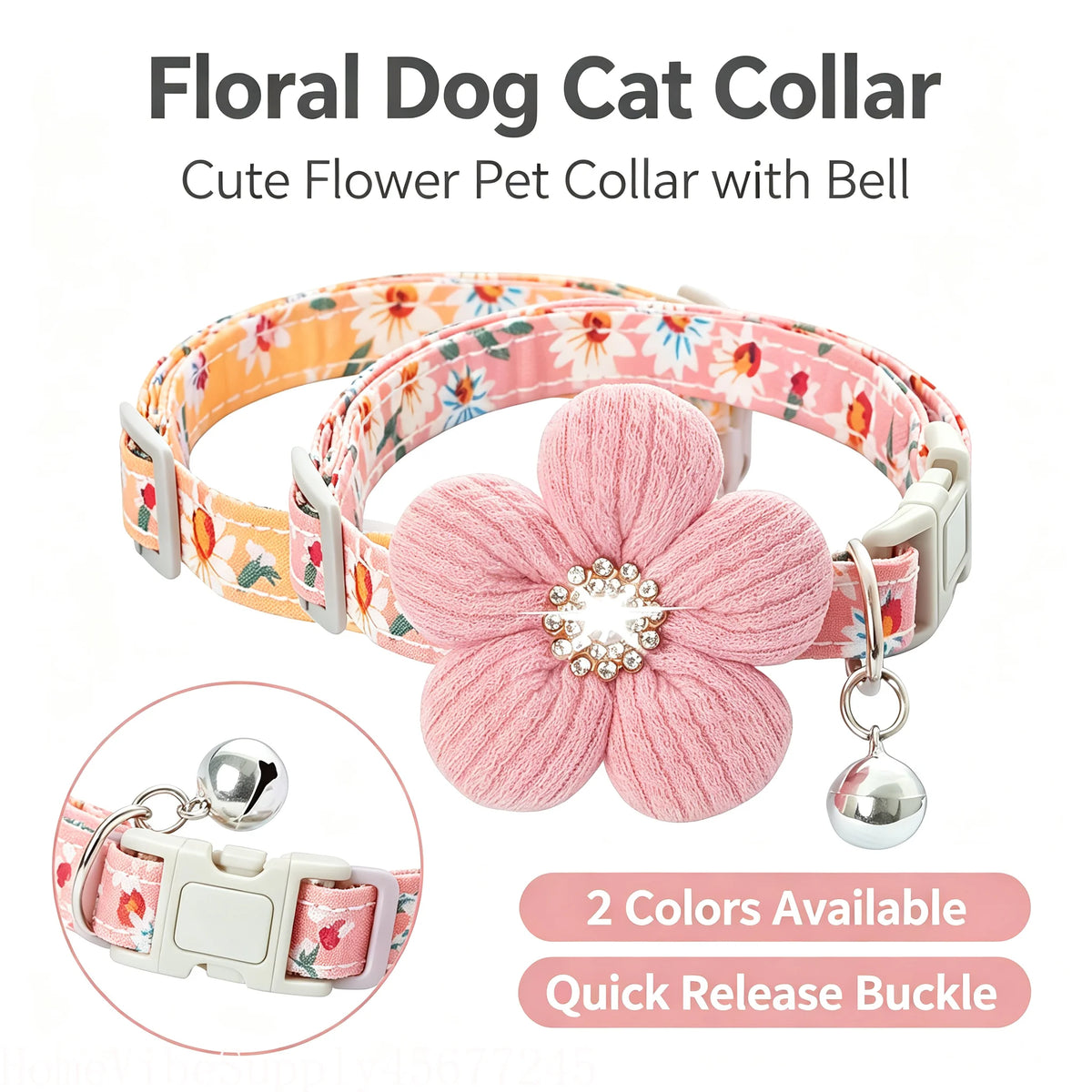Floral pet collar with 3D flower charm and bell for small dogs and cats