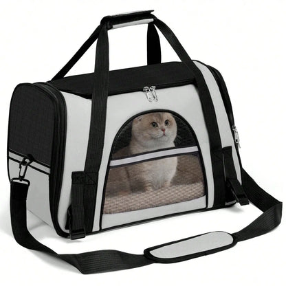 Airline-approved foldable pet carrier with breathable mesh and shoulder strap containing a cat