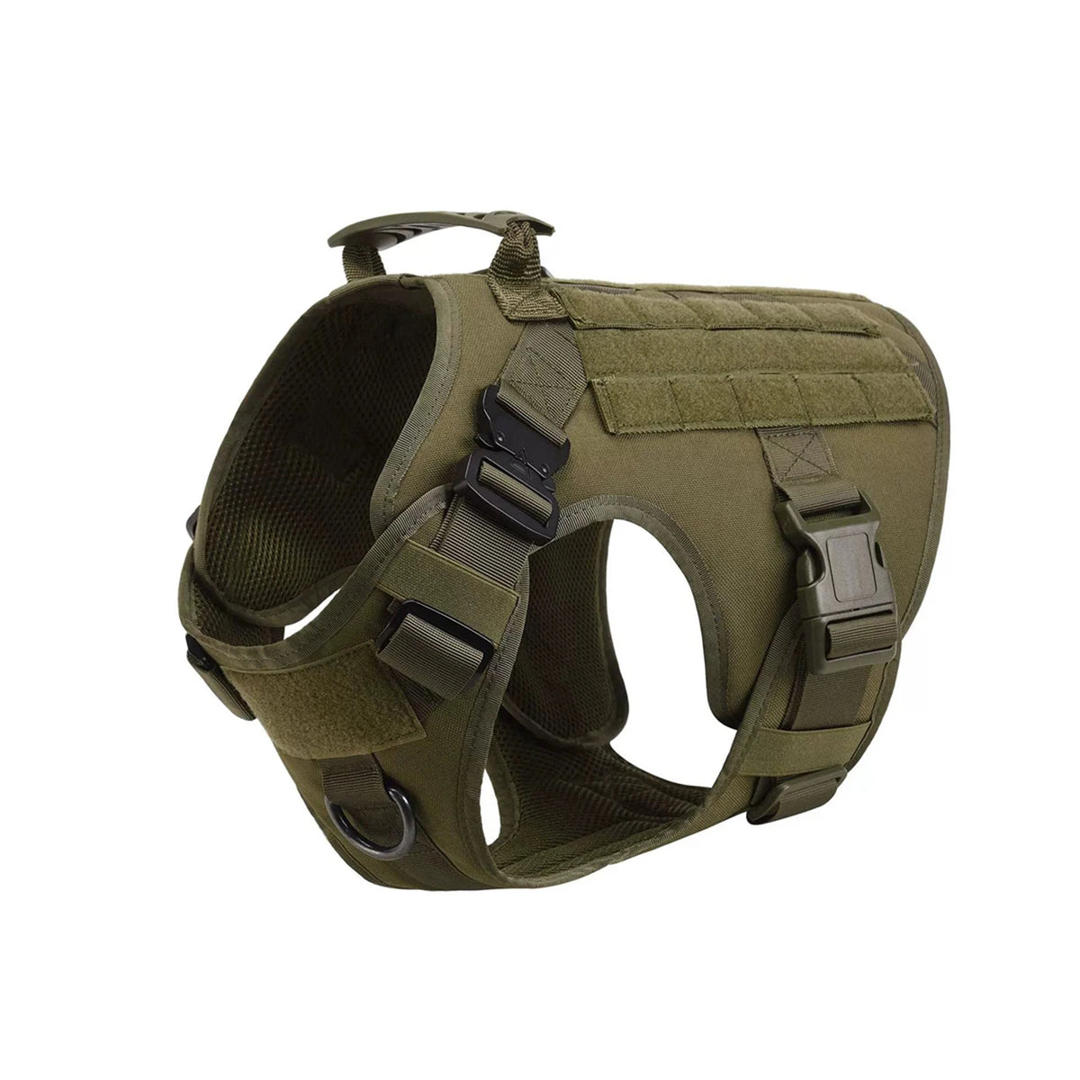 Olive green tactical dog harness with adjustable straps and metal buckles