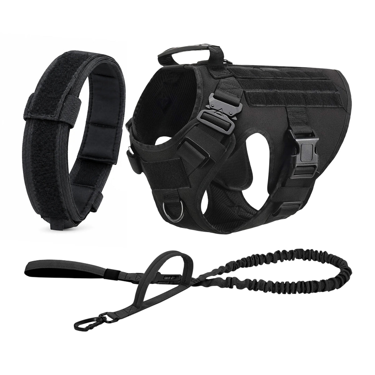Black tactical dog harness with matching collar and bungee leash