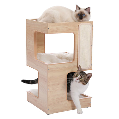 Modern Wooden Cat Condo & Activity Tower with Cozy Hideaway, Removable Soft Mats & Scratching Pad for Indoor Cats and Kittens