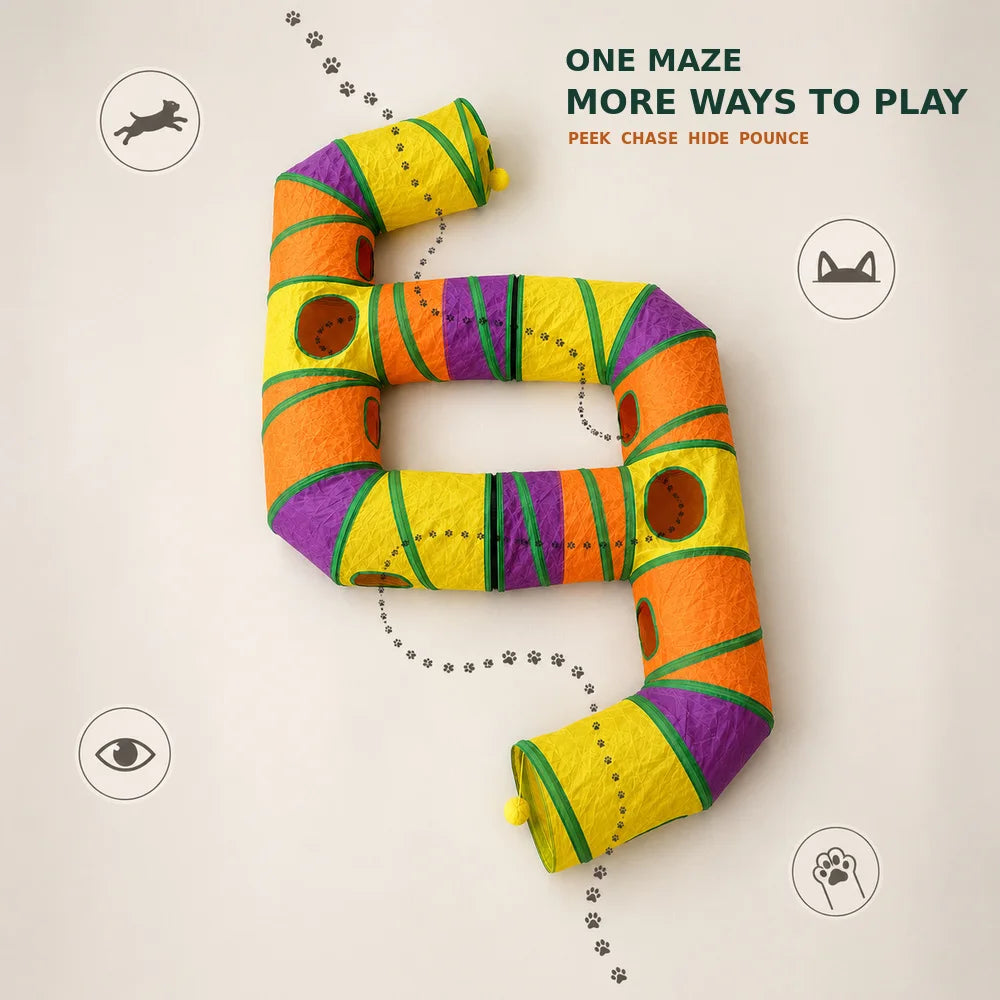 Zoe Extra-Long Cat Play Tunnel Maze – Foldable Double E-Shaped Design with Peek Holes, Pom-Poms & Interactive Toys