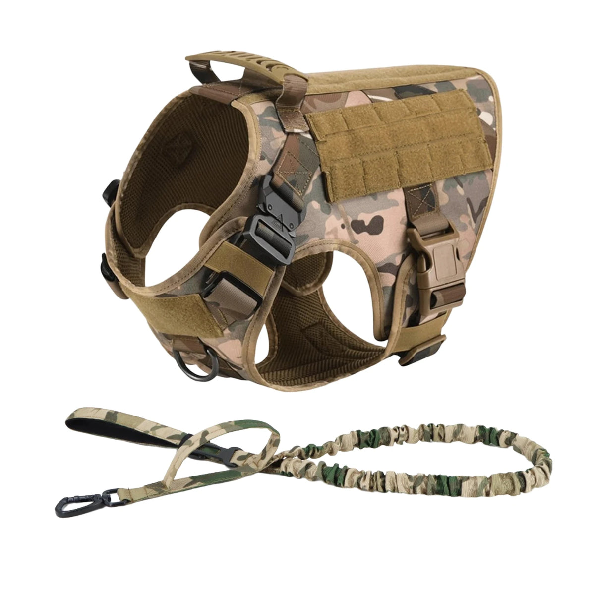 Tactical camouflage dog harness with matching bungee leash