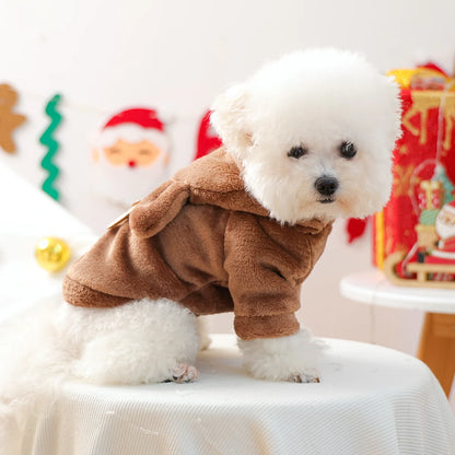 Cozy Reindeer Fleece Hoodie for Dogs & Cats – Warm Brown Christmas Pet Sweatshirt with Antlers