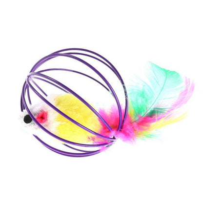 1 Pcs Cat Toy Stick Feather Wand with Bell, Mouse Cage Toys, Plastic Artificial Colorful Cat Teaser Toy, Pet Supplies Random Color Hollow Balls with Feather Tail, Kitten Chase Pounce Toy, Cat Feather Toy