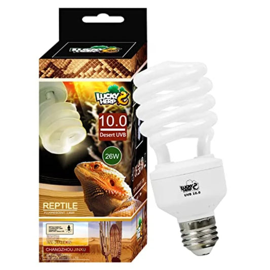 26W Desert Reptile UVA/UVB 10.0 compact fluorescent light bulb next to its retail packaging