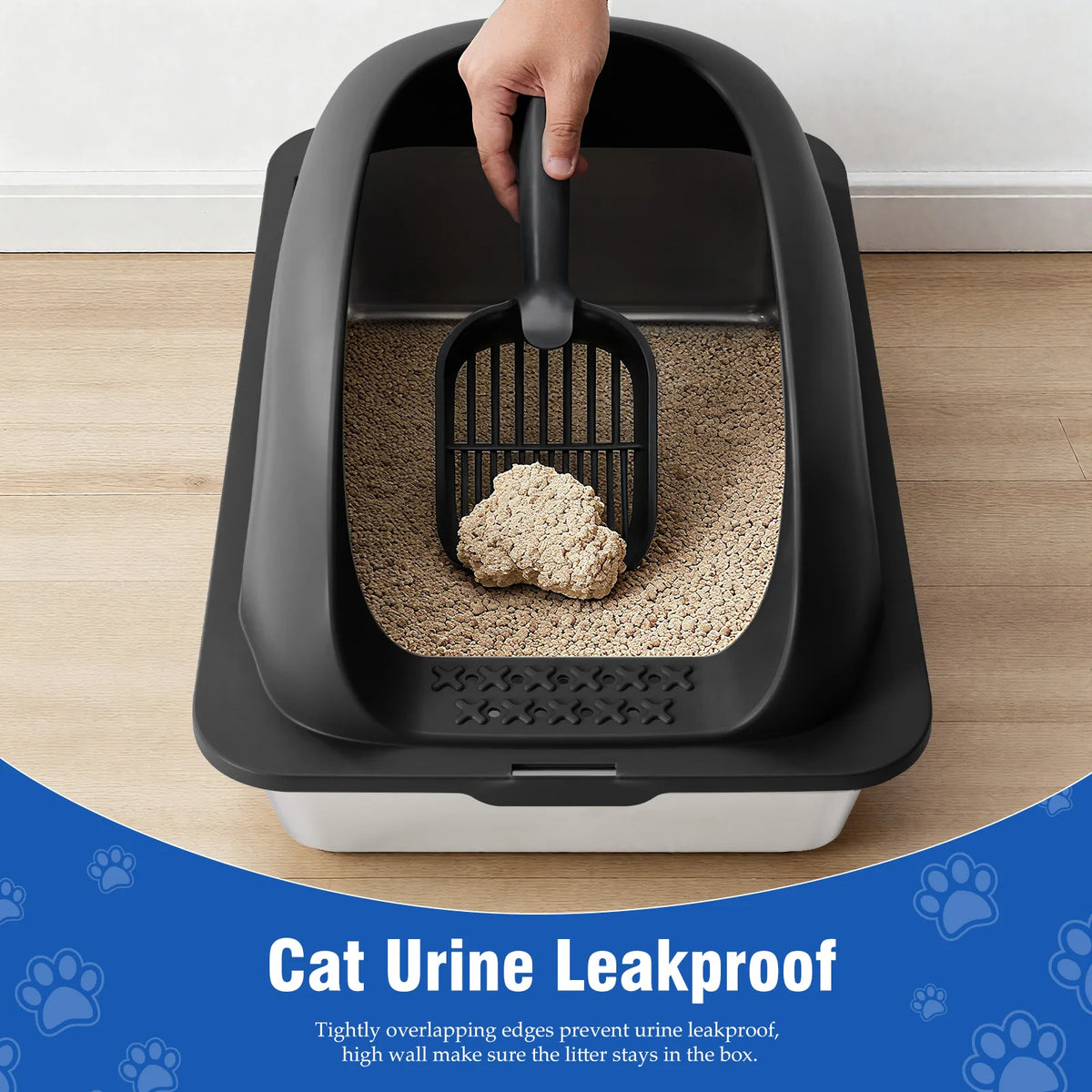 JHK 24-Inch Large Stainless Steel Cat Litter Box with Lid, Leak-Resistant Design, Scoop & Mat for Large Cats