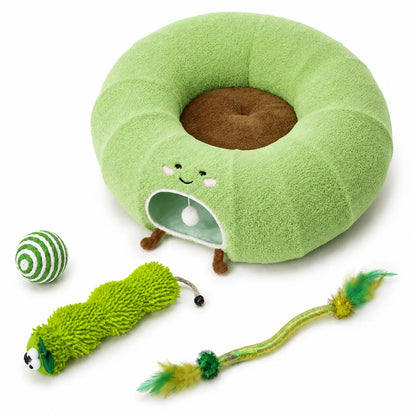 Convertible Plush Cat Tunnel & Donut Bed with Removable Cushion, Zipper Connection & Hanging Toy Ball for Indoor Cats