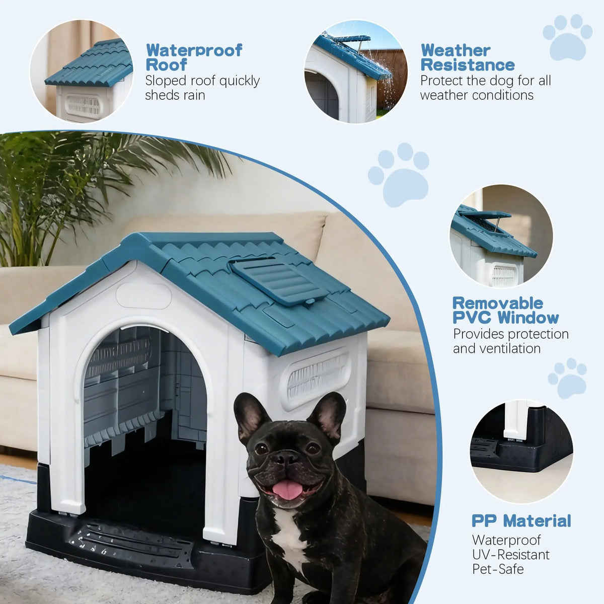 Dog house with waterproof roof removable window and durable PP material construction