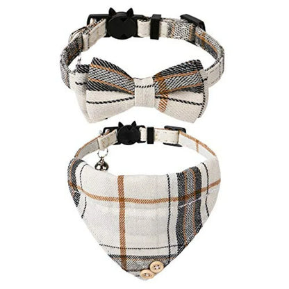 Beige plaid cat collar with bow tie and matching bandana with bell