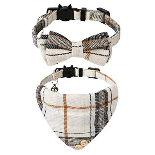 Beige plaid cat collar with bow tie and matching bandana with bell