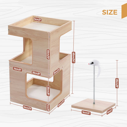 Modern Wooden Cat Condo & Activity Tower with Cozy Hideaway, Removable Soft Mats & Scratching Pad for Indoor Cats and Kittens