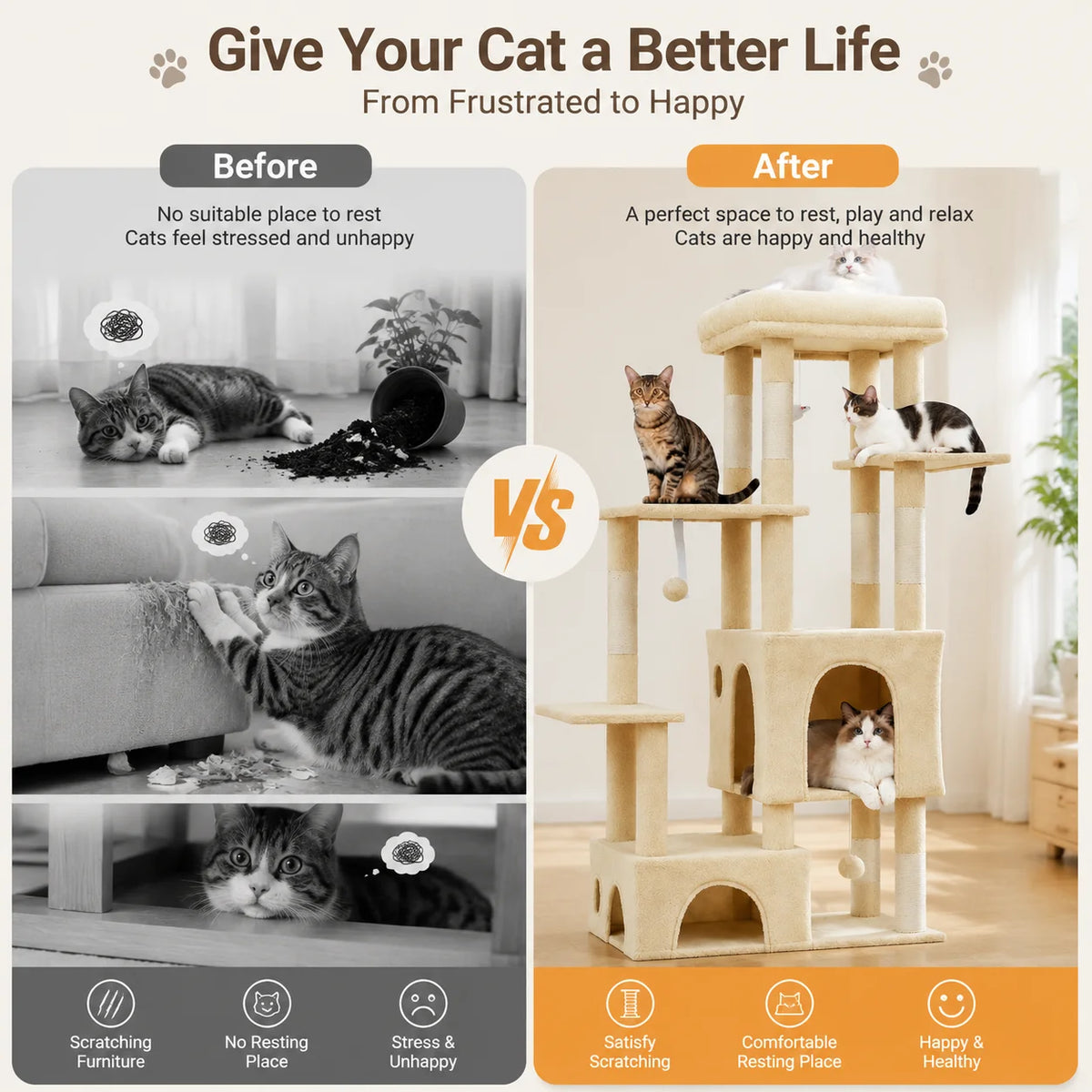Comparison infographic showing cats without a cat tree versus cats using a multi-level beige cat tree