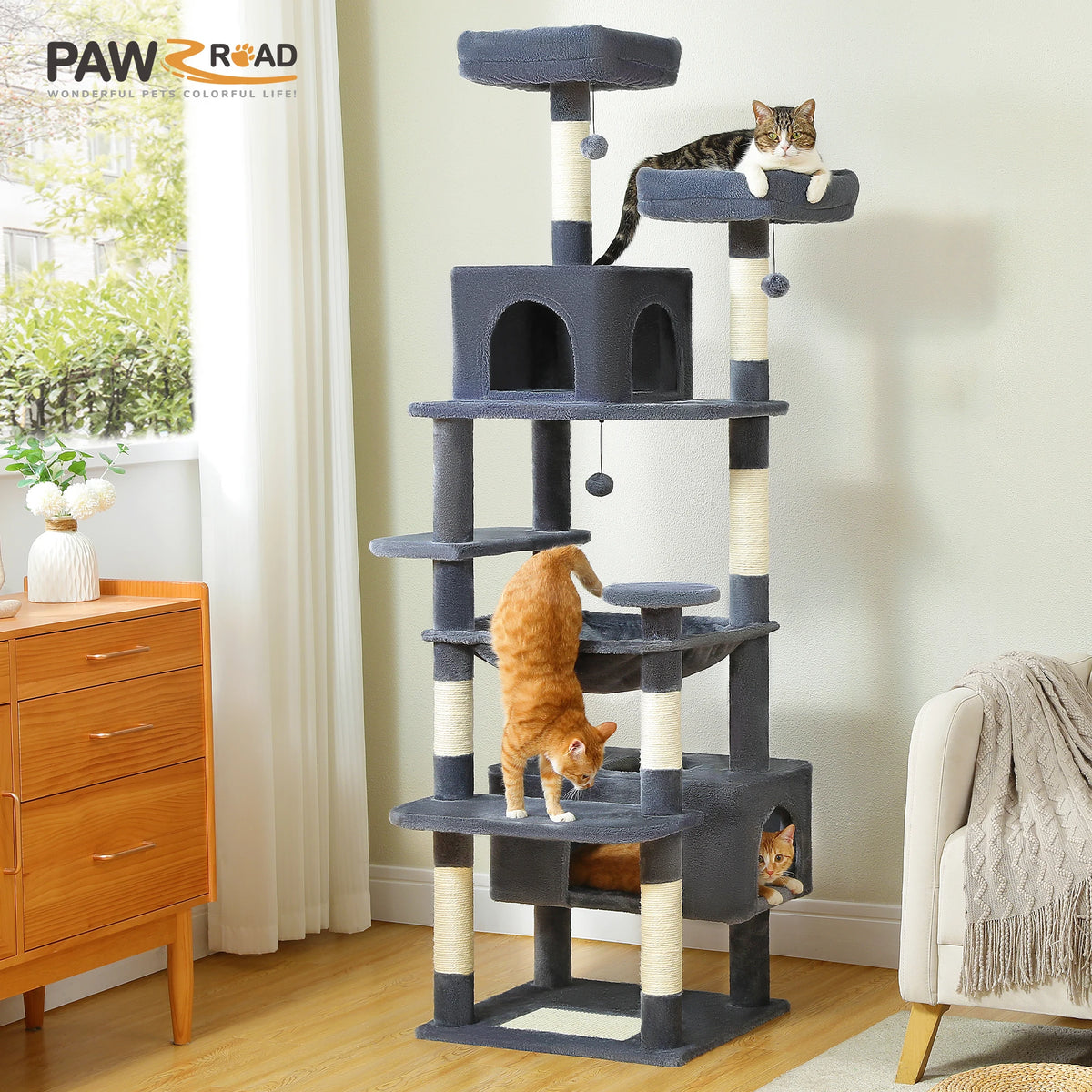 Tall grey PawRoad cat tree with multiple platforms and sisal scratching posts