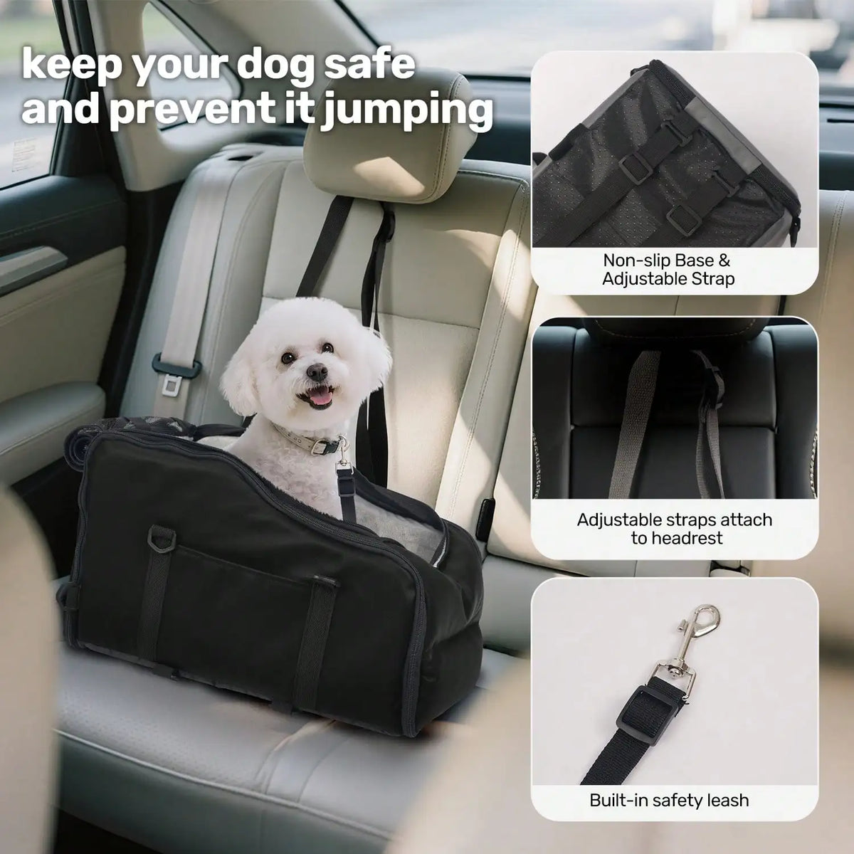 Small white dog in a black car seat carrier with non-slip base, adjustable headrest straps, and built-in safety leash
