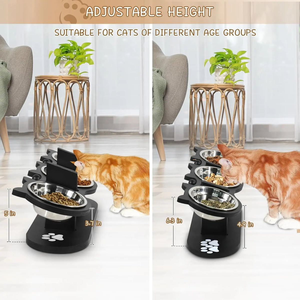 Adjustable height cat bowl stand with two stainless steel bowls showing height measurements